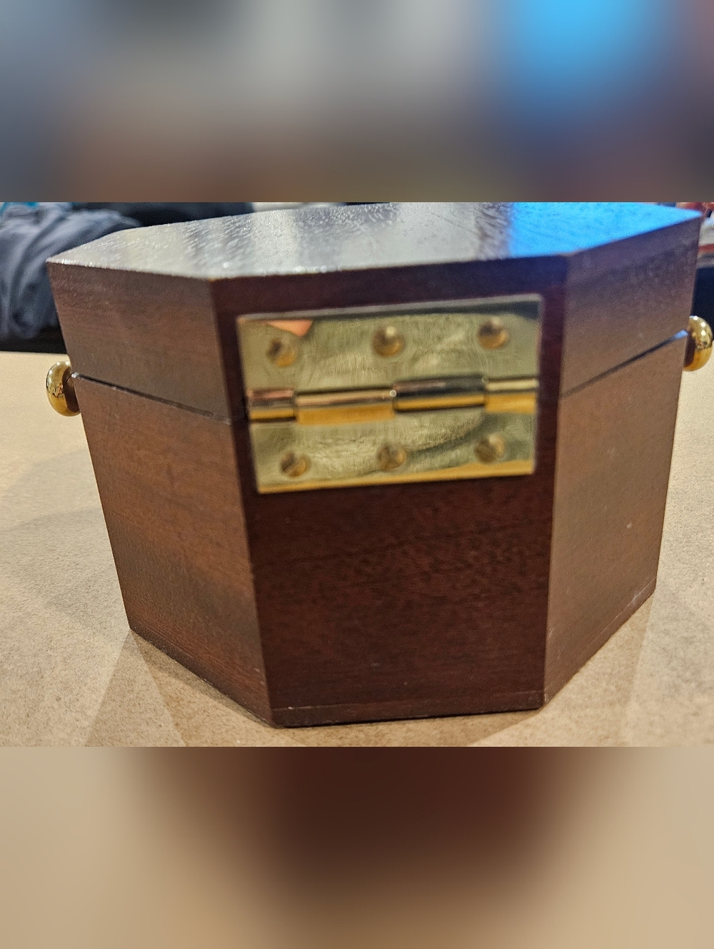 Bulova Brass Clock in Dark Brown Octagonal Wood Case - Picture 5 of 6